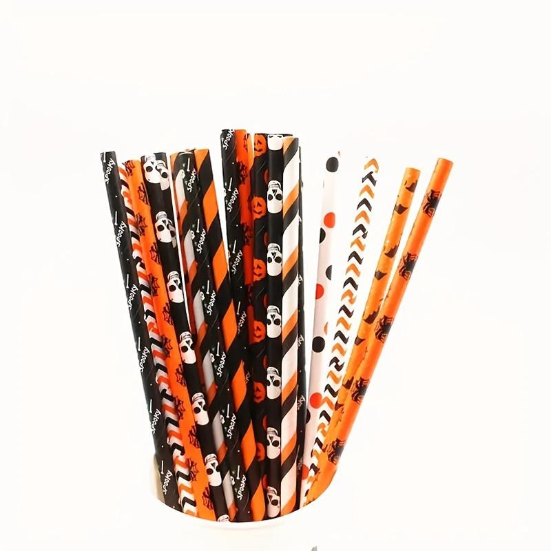100pcs/bag Halloween Paper Straw Pumpkin Bat Spider Skull Orange Black Color Festival Paper Straws