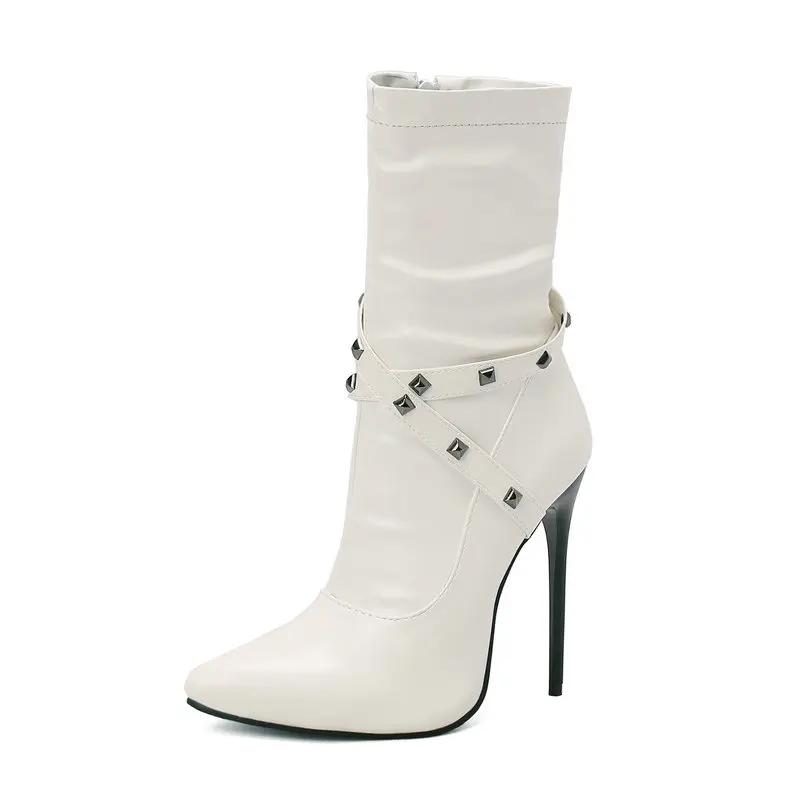 Fashion Stiletto Ankle Boots Women 12cm High Heels PU Fashion Autumn Winter Large Size 34-48 Pointed Toe Rivets Decorate Shoes
