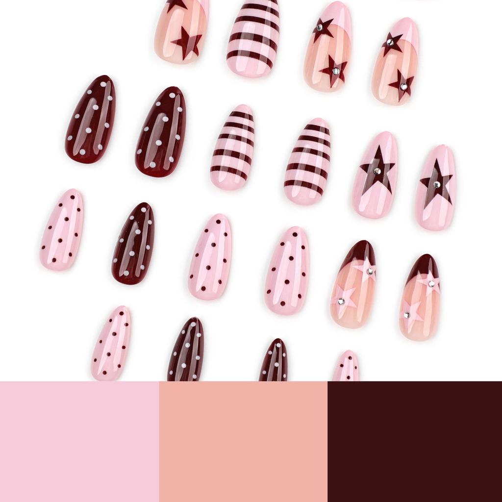 Le Fan Meijia French Almond Polka Dot & Star Rhinestone Faux Nails Set