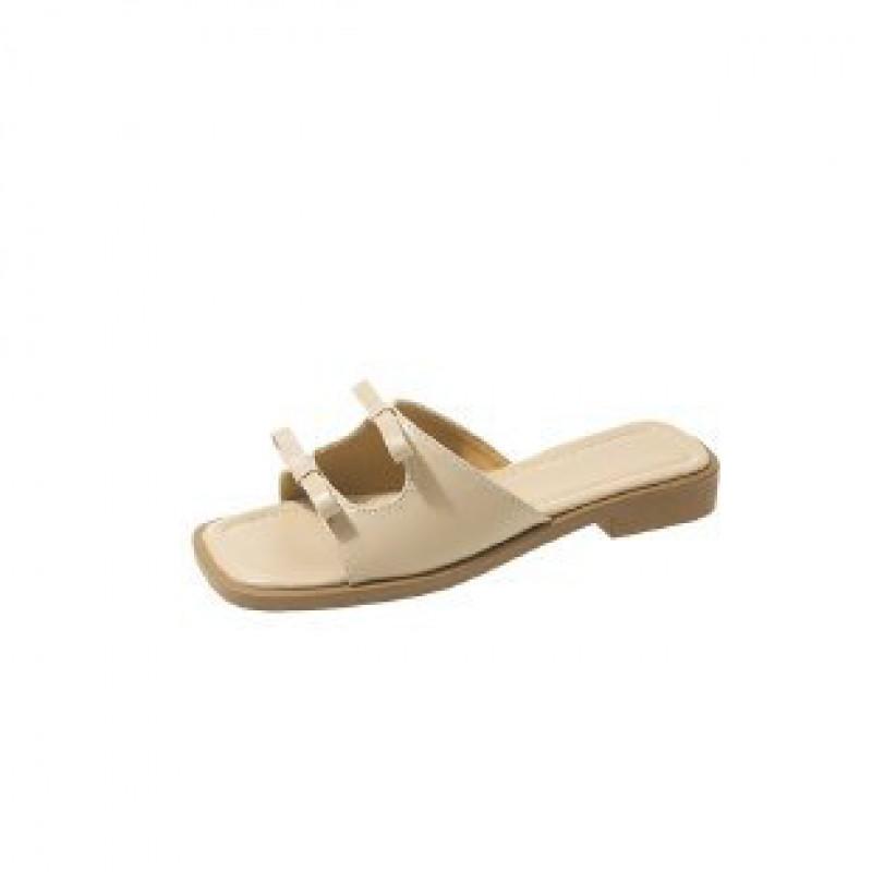 Womens Flat Slide Sandals With Bow Detail Square Toe PU Upper Rubber Sole Casual Shoes