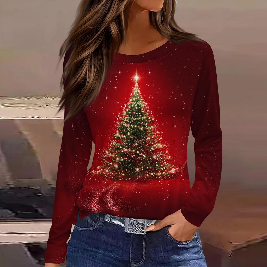Women's Fashion Casual Slit Hem Round Neck Long Sleeve Loose Christmas Printed T-Shirt Ladies Top