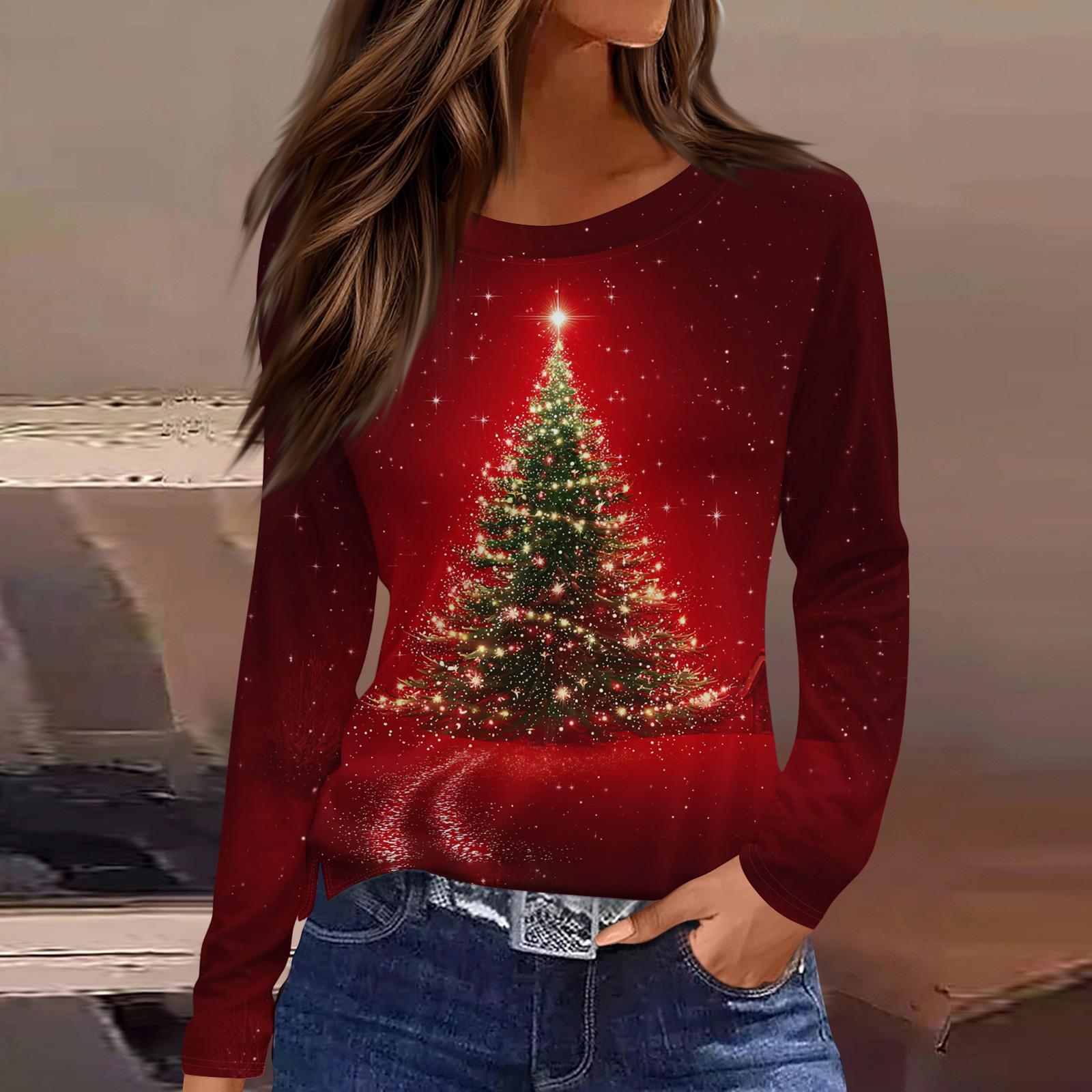 

Женская модная повседневная футболка с разрезом по низу, круглым вырезом, длинными рукавами, свободного кроя, с рождественским принтом, женский топ S