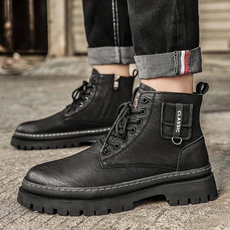 Fashion 2024 Fashion Men Casual Leather Boots Classic Round Toe Leather Ankle Boots Comfy Street Hip Hop Tooling Shoes Motorcycle Boots