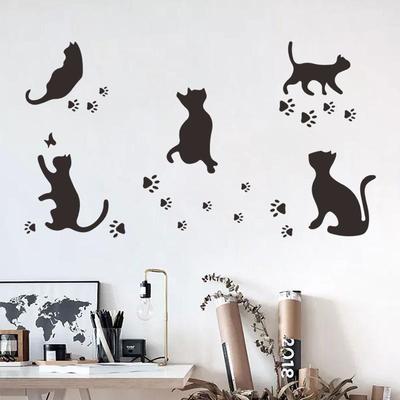 Black Cat Playing with Paw Prints Wall Stickers Self-Adhesive Decals for Pet Shop Glass Window, Wardrobe and Bedroom Wall Waterproof Decor