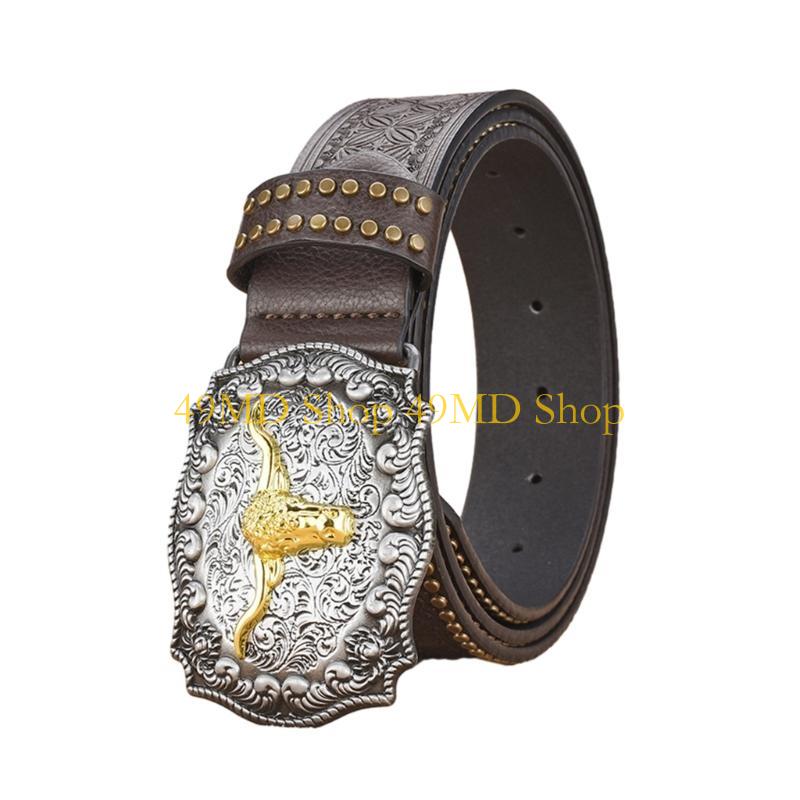 49MD Vintage Men Teens Relief Head Waist Belt PU Embossed Pattern Cowboy Belt 105cm темно-коричневого