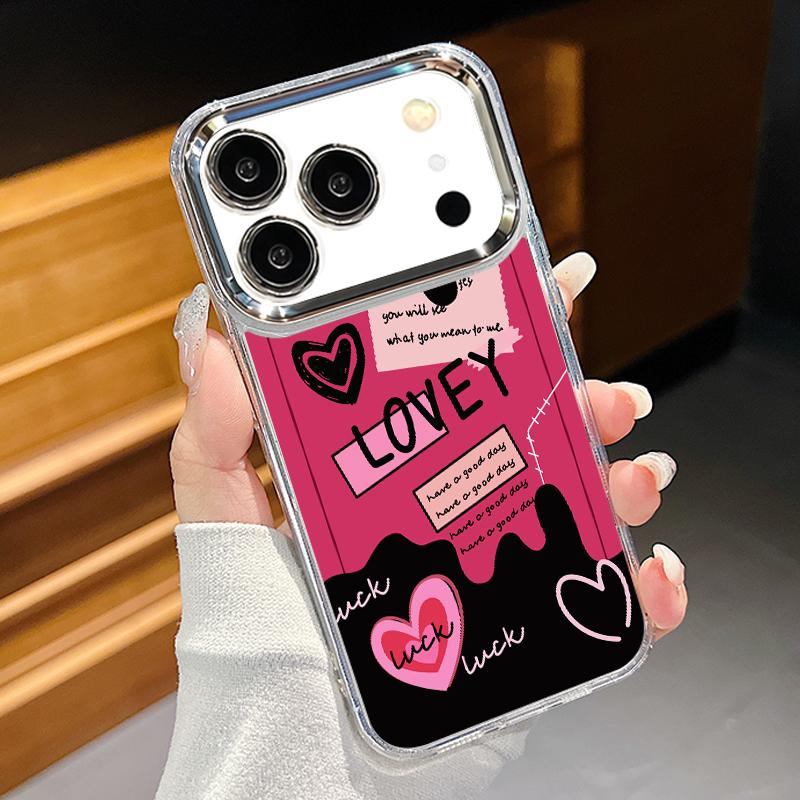 Silky Love Hearts Pattern Case For iPhone 17 Pro Max Plating Lens Frame Clear Soft Cover For iPhone 16 15 14 13 Pro Max 11 16E 17E