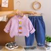 Boys' long sleeved 2-piece set, 0-5-year-old Children's fruit printed shirt, casual denim pants, High-quality children's clothing