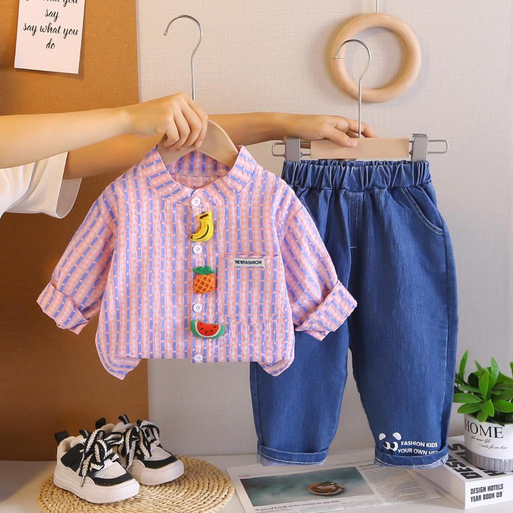 Boys' long sleeved 2-piece set, 0-5-year-old Children's fruit printed shirt, casual denim pants, High-quality children's clothing