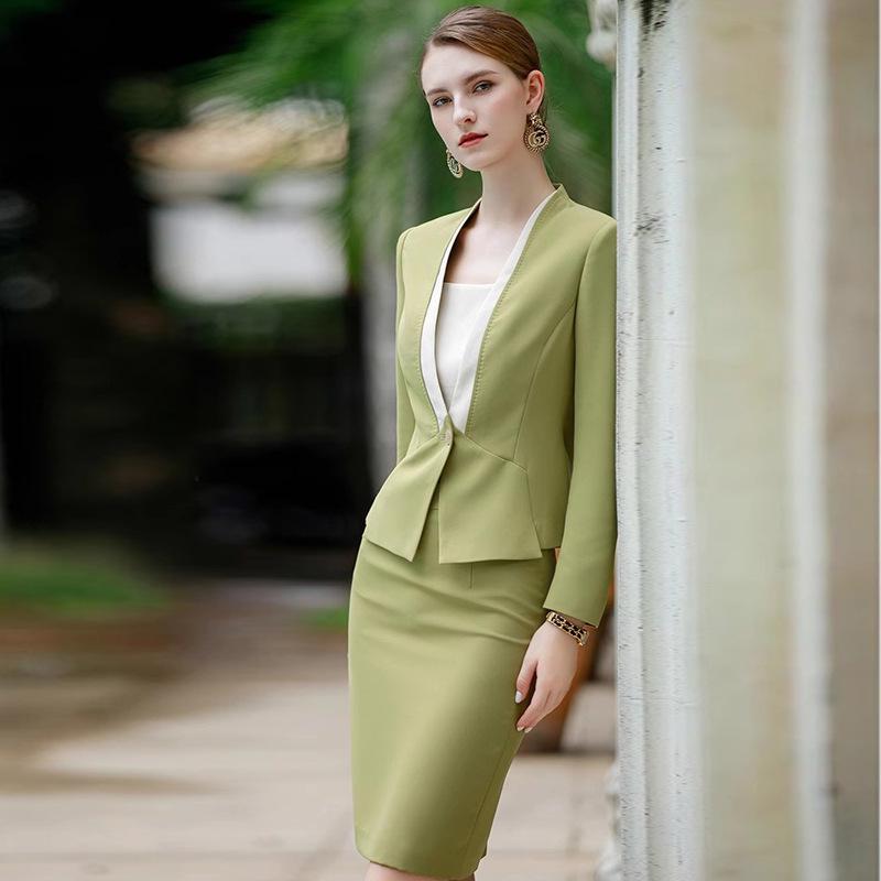 Women's Long Sleeve Collarless Suit Jacket Set - Spring/Autumn Workwear for Flight Attendants or Hotel Staff
