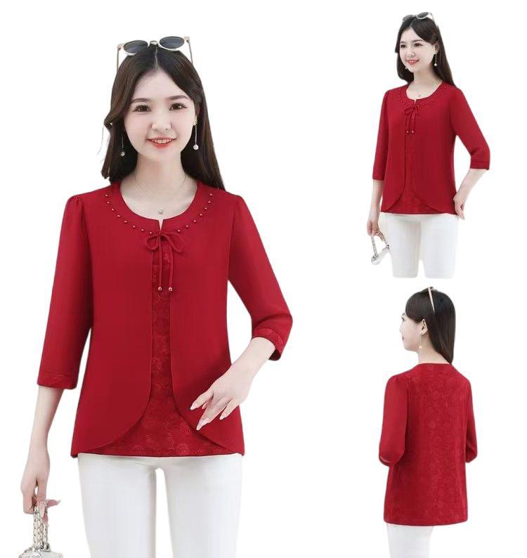 Autumn 3/4 Sleeve Top & T-Shirt Set for Middle-Aged Women