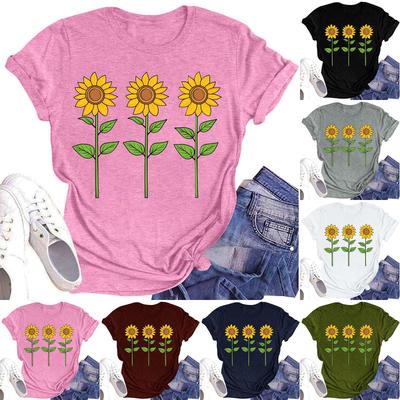 Dam Casual Rundhalsad T-shirt Topp med Blomtryck och Kort Ärm