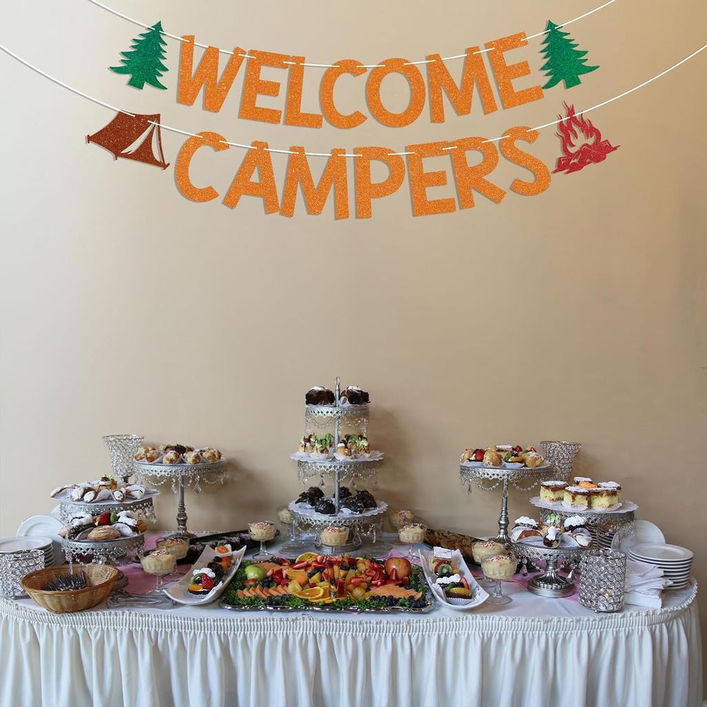 Welcome Campers Banner - Camping Theme Birthday Bachelorette Party Decor, Family Camp Day Party Decor, Forest Adventure Baby Shower Decorations