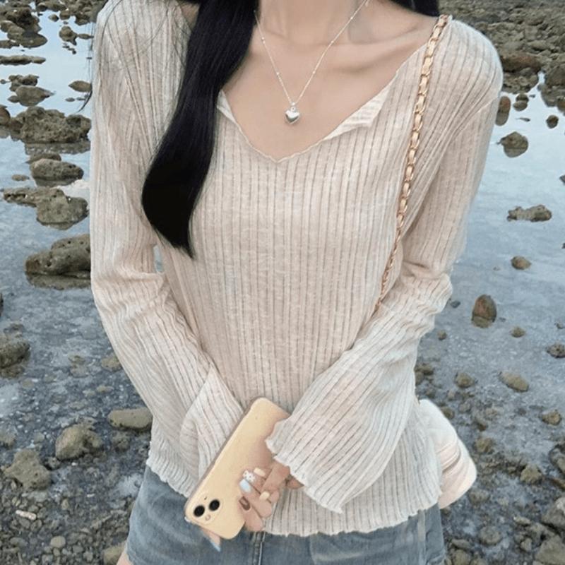 

Однотонный вязаный свитер с V-образным вырезом и полосками для женщин на лето, свободная и облегающая тонкая рубашка с ленивым верхом для женщин L абрикосовый