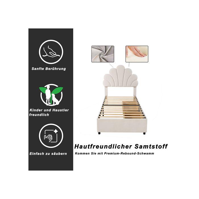 Gepolstertes Bett Kinderbett 90 x 200 cm, Bettgestell mit blumigem Kopfteil und Lattenrost