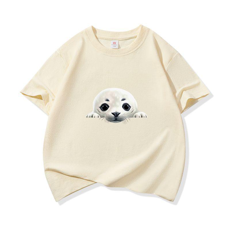 Kids Cotton T Shirt Cute Peeking Seal Print Crew Neck Short Sleeve Tee Casual Breathable Boys Girls Summer Tops