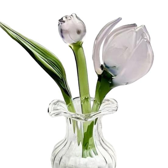 Mini Glass Flower Figurine Hand Blown Small Faux Crystal Carnation/Lily/Peony Flower Bouquet In Vase for Mother's Day Birthday Table Centerpiece