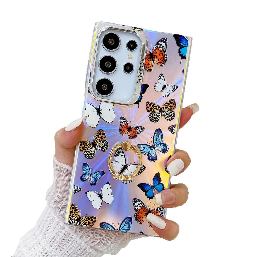 Laserový Vzor Motýl Vhodný pro Pouzdro na Mobilní Telefon Samsung S25ultra Galvanicky Pokovený S24Plus Prstenový Držák A56 Ochranné Pouzdro