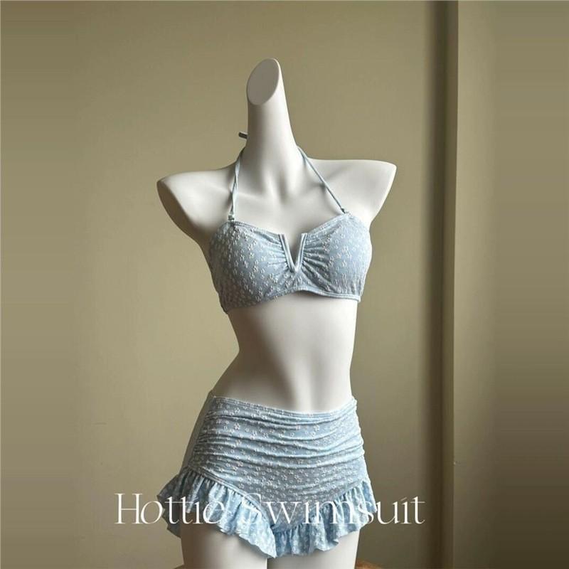

Jasmine Milk Blue Girl Pure Desire Style Bikini Three Piece Set Knitted Outer Shirt Vacation Split Swimsuit Female S