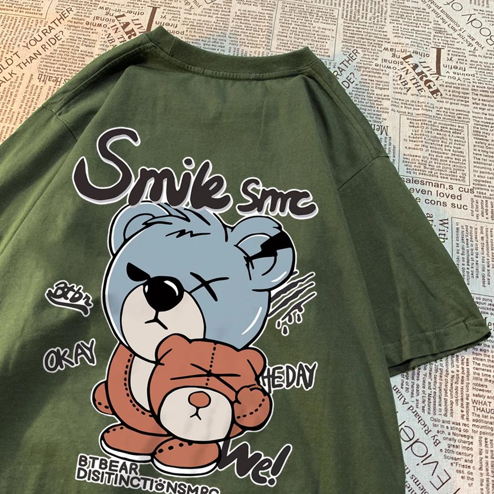 Teddy Bear With Hood Off T Shirt Men Women Hip Hop Streetwear Couple Printing Tops O-Neck Tee Clothes Cotton Oversized Tee