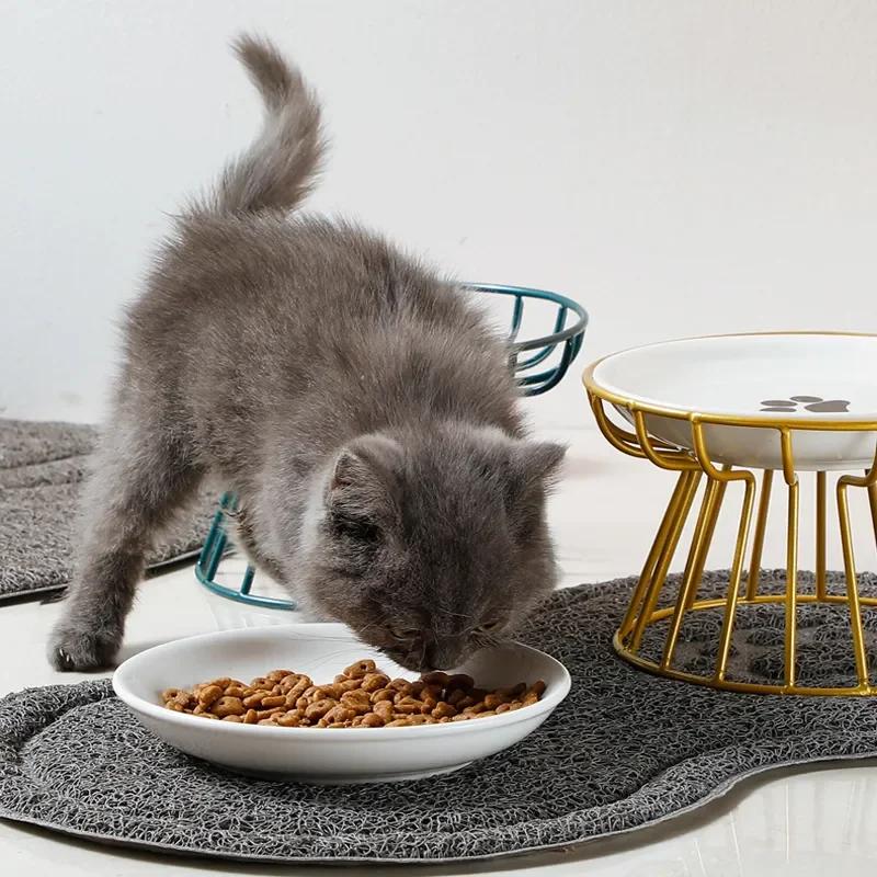 Ceramic Pet Cat Bowl With Metal Stand Pet Dog Food Snacks Feeding Elevated Feeder Kitten Puppy Dish Dog Supplies Cat Accessories