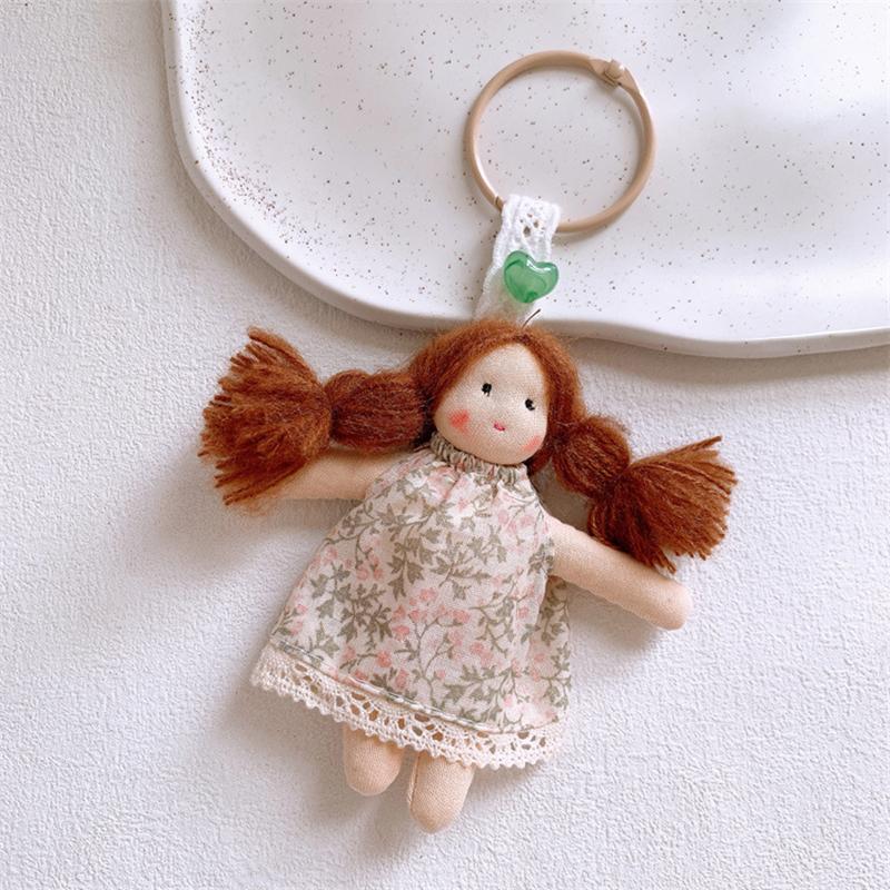 Cute Cartoon Doll In Floral Dress Keychain For Woman Girls Pendant Bag Decor Braid Accessory Fabric Toy Keyring Decoration