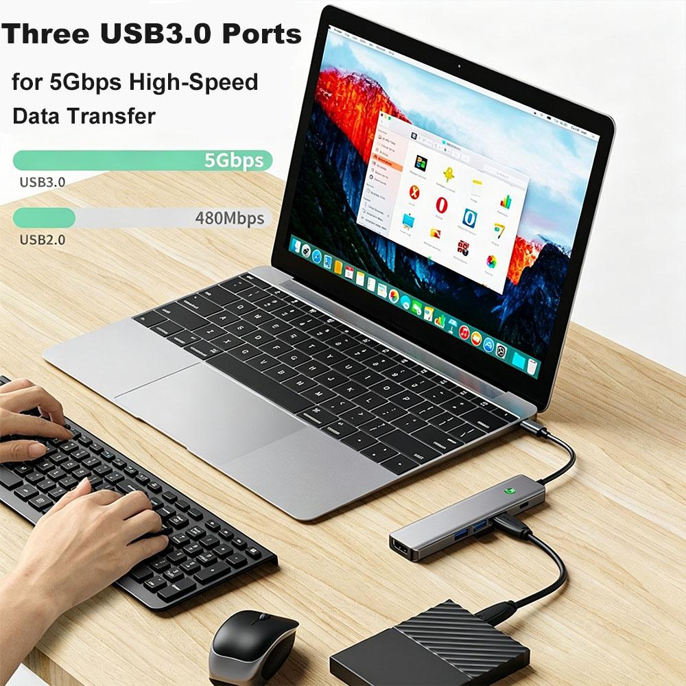 5 in 1 Multiport USB C Hub,4K@30Hz HDMI-Compatible,100W PD,USB3.0 5Gbps Portable Type C Adapter for Laptop MacBook Notebook PC