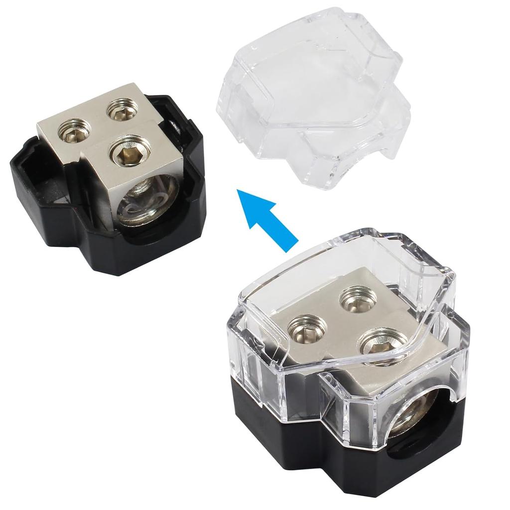 2 Way Amp Power Distribution Block, 0/2/4 Gauge In 4/8 Gauge Out Amp Distribution Block Splitter for Car Boat Audio(1 In 2 Out)