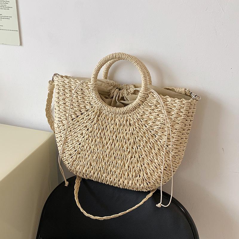 Straw Woven Handbags for Women Handmade Travel Seaside Beach Bag Summer Handle Bucket Bag Tote Bag Basket Bolsa