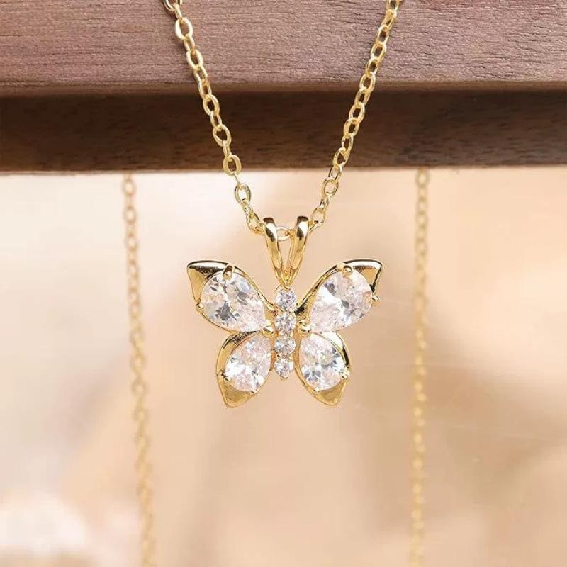 

New Luxury Inlay Zircon Butterfly Pendant Necklace Stainless Steel Do Not Fade Clavicle Chain for Women Sweet Charm Jewelry Gift