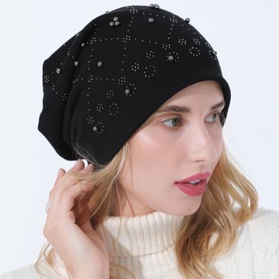 New Women's Double Layer Hot Diamond Beading Pullover Cap Autumn and Winter Fashion All-match Warm Hat