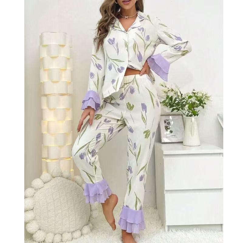 Spring & Autumn Women's Lace Trim Lapel Cardigan Pajama Set