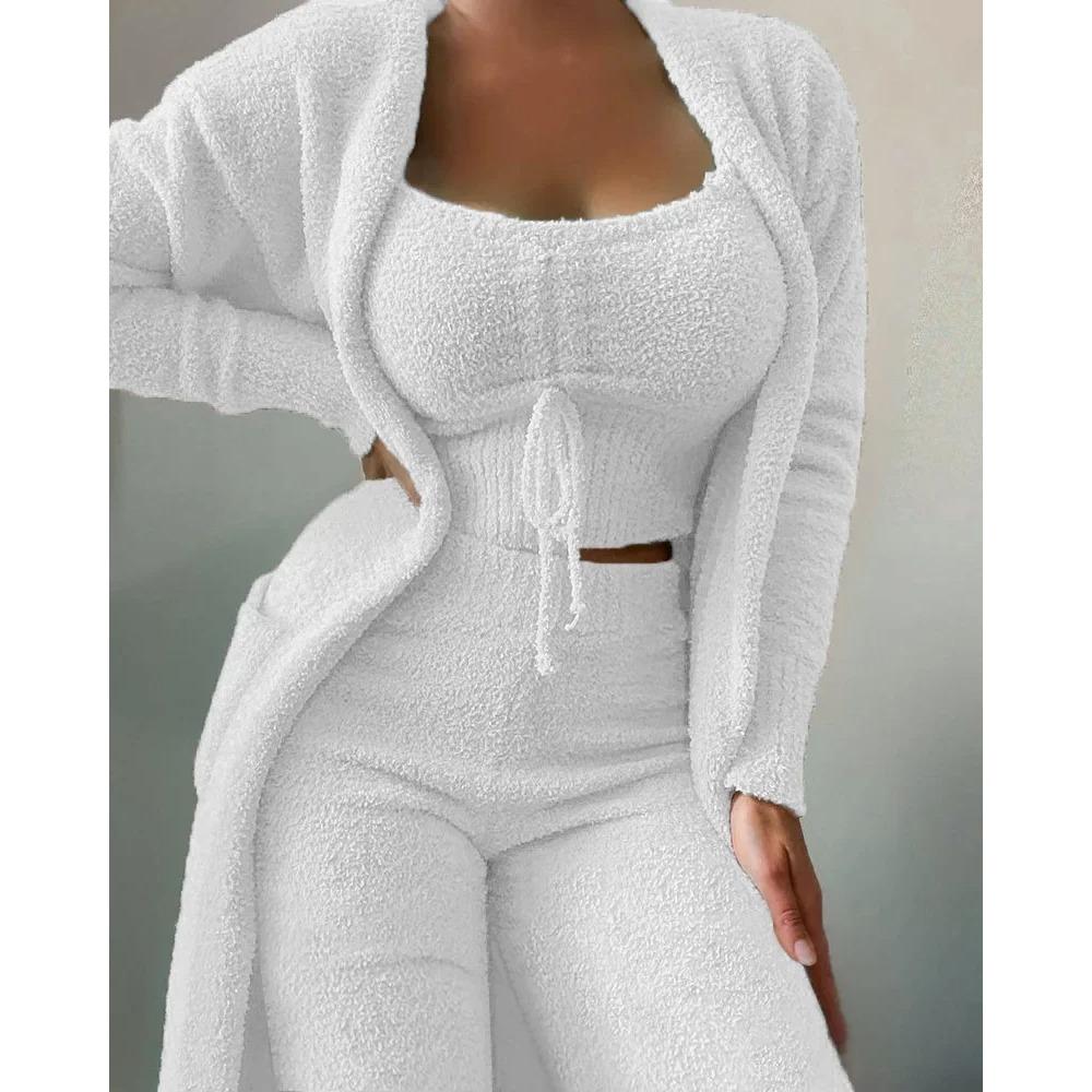 Nová Podzimní Zimní Dámská Sametová Pyžamová Souprava Crop Top+Dlouhé Kalhoty+Župan 3dílný Oblek Teplé Měkké Fleecové Domácí Oblečení Pyžamo S-3XL
