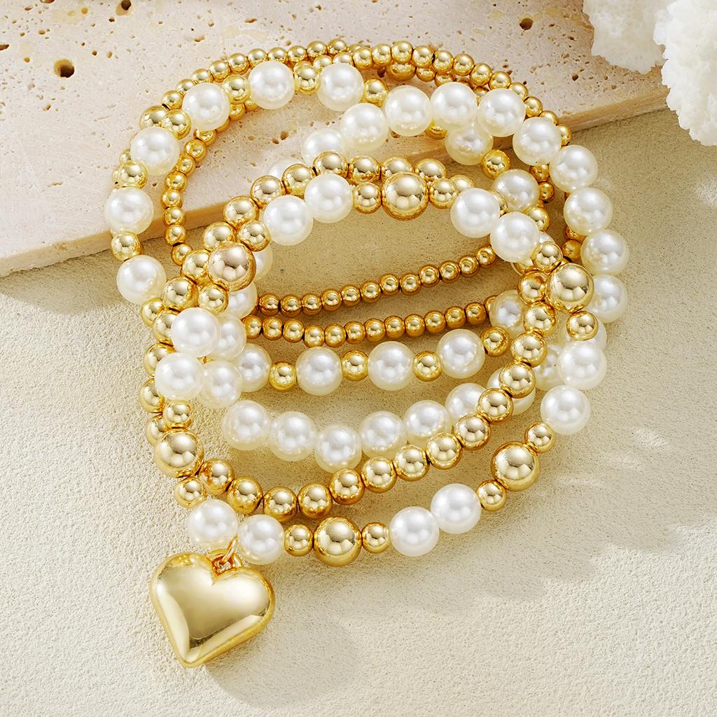 6Pcs/Set Chic Heart Imitation Pearl Beads Bracelets for Women Vintage Exquisite Gold White Color Bracelets Fashion Jewelry Gifts