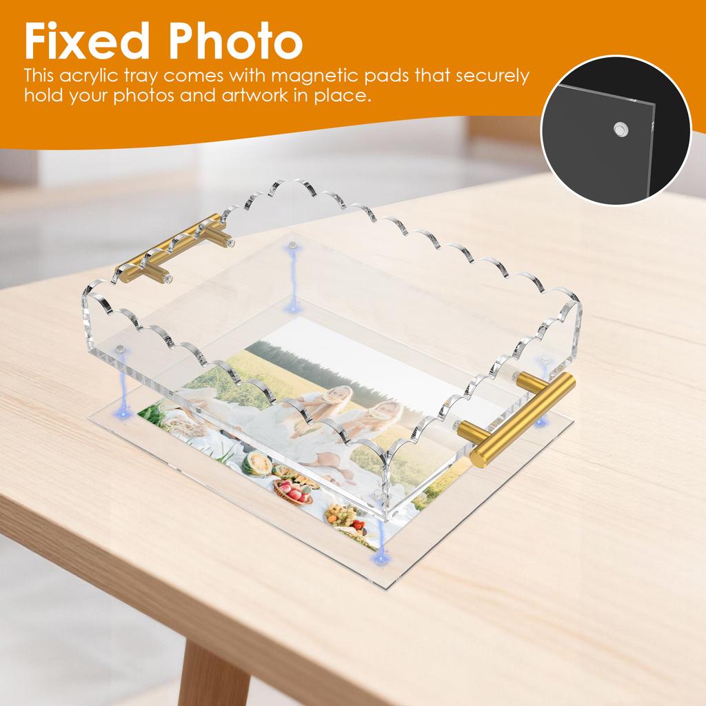 Acrylic Scalloped Tray with Handle and Magnetic Photo frame Mat Decorative Rectangle Desktop  Clear Displaying Organizer Tray