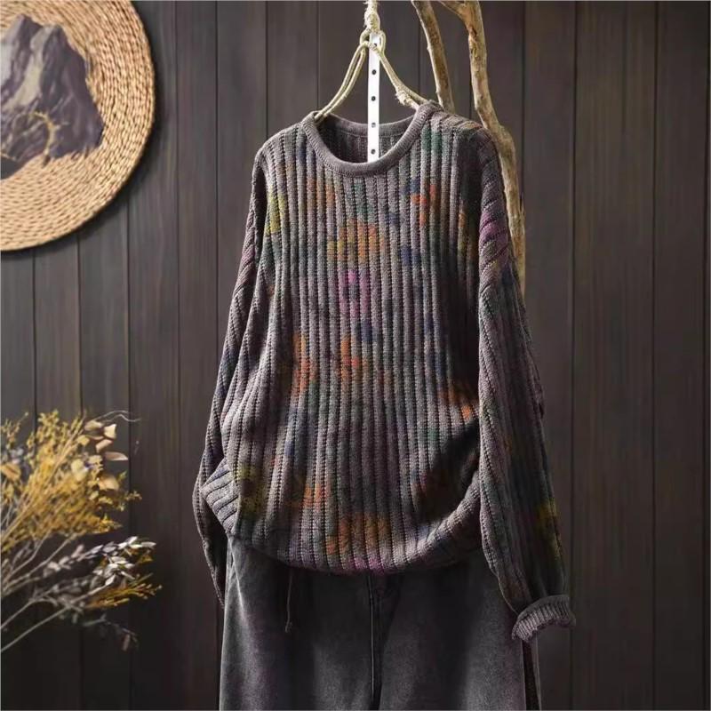 

Johnature Woman Autumn Niche O-Neck Long Sleeves Vintage Print Casual Sweater Loose Retro Personality Sweater One Size кавовий