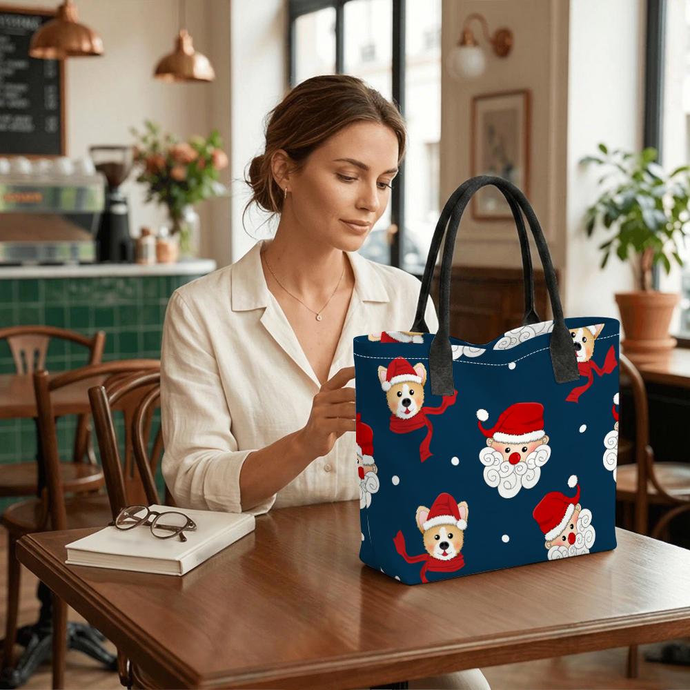 Christmas Dog Santa Printed Tote Bag Large Capacity Casual Handbag for Daily Use