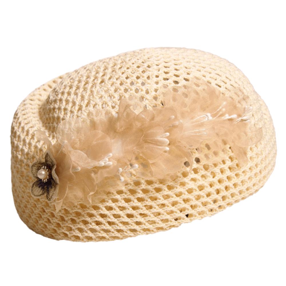 Ethnic Floral Painter hat Korean Women Knit Fabric Cap Chic Hollow Out Beret Party Floral Tail Beige