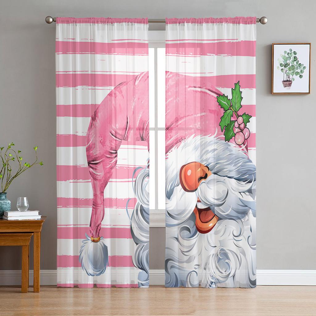 Rosa Weihnachtsbaum Schneeflocke Weihnachtsmann Tüllvorhänge für Wohnzimmer Schlafzimmer Dekor Chiffon Transparent Voile Küchenfenstervorhänge