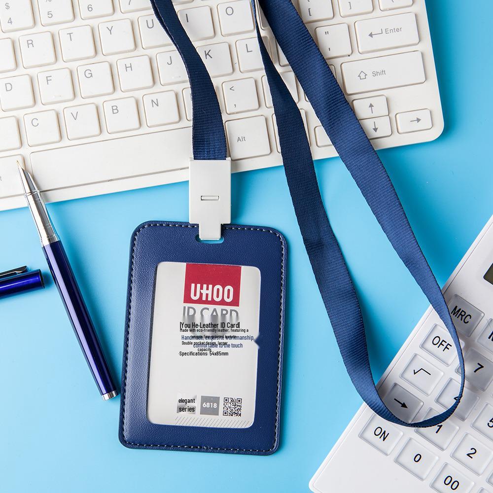 Youhe Genuine Leather ID and Business Card Holder with Lanyard - Custom Logo Printing Available