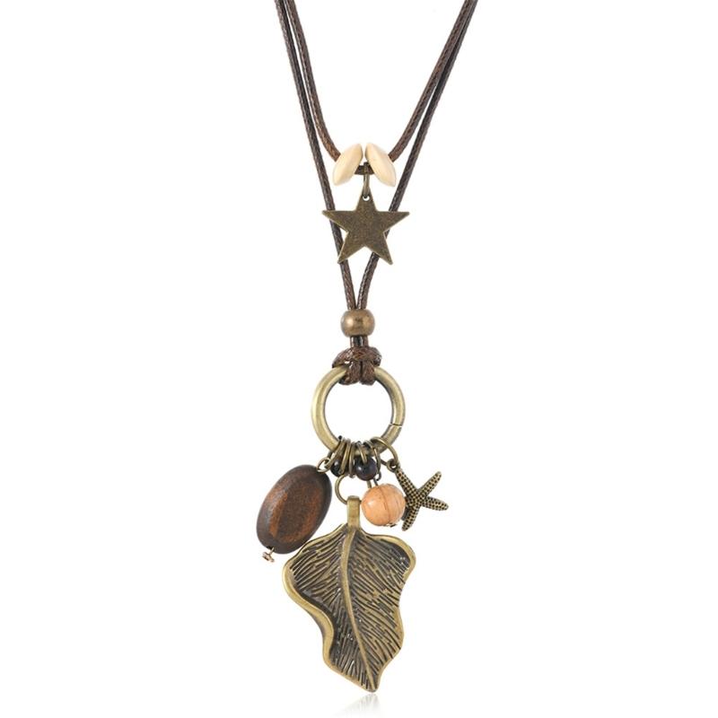 Artisanal Crafted Beaded Leaf Necklace Soft Wax Cord Multi Material Layering Design Versatile Jewelry Gift