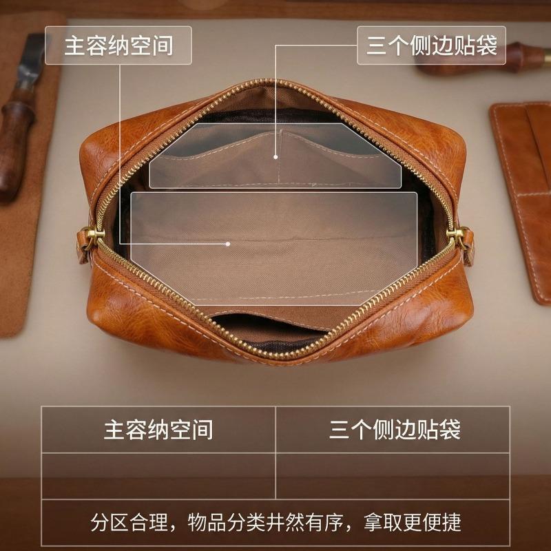 Multi-Purpose Genuine Leather Travel Organizer Pouch, Large Capacity Leather Pen Case, Cosmetics, Small Tools & Daily Essentials