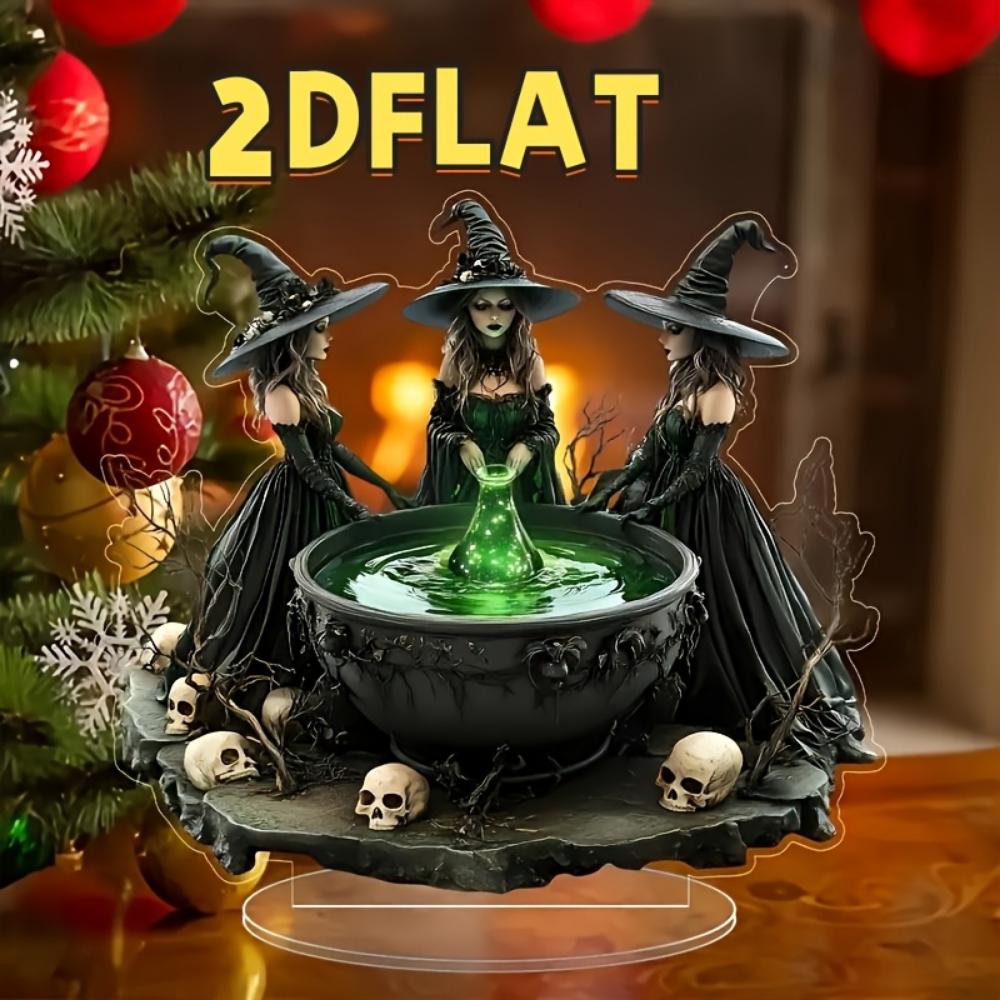 2D Flat Fantasy Witch Trio Acrylic Statue Decoration - Crystal Inspired Tabletop Holiday Decoration  or Birthday and Holiday Gifts,   for Halloween.