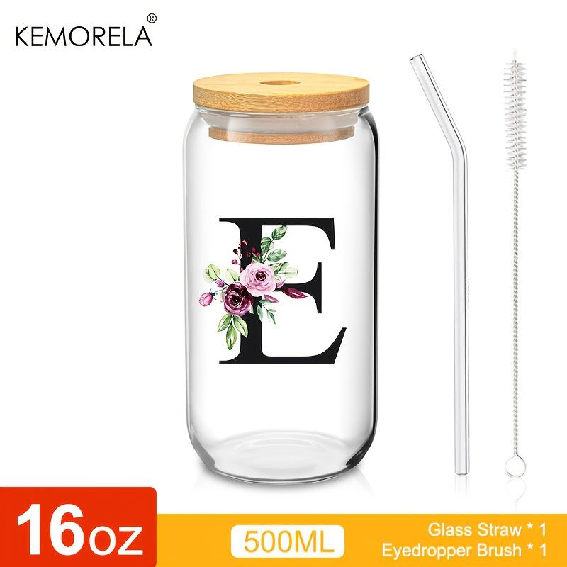 1 STÜCK 24 Buchstaben Glas Trinkbecher mit Bambusdeckel Strohhalm Individuelle Eiskaffeetasse 470ML Klares Mason Jar Bier Smoothie Cocktail