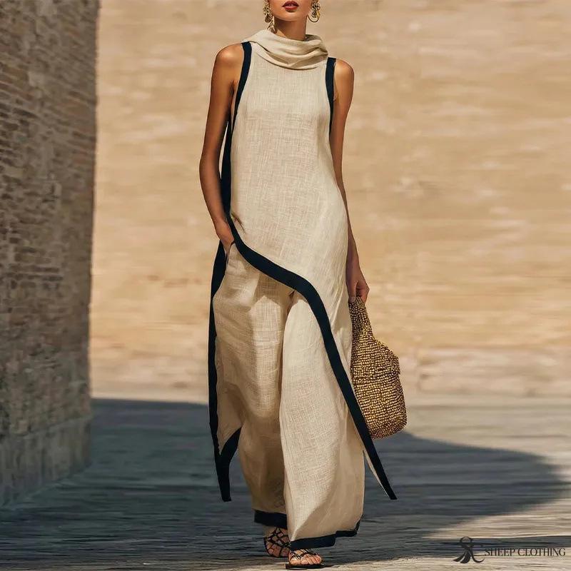 Women Color Block Two Piece Set Cowl Neck Sleeveless Asymmetrical Tunic Top Wide Leg Pants Casual Vacation Outfit