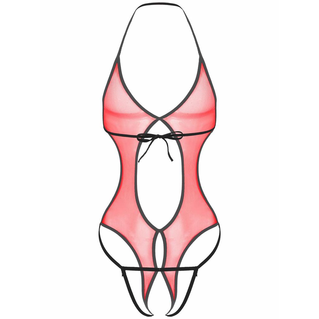 Costume da bagno intero da uomo e da donna in rete trasparente. Costume da bagno intero con scollo all'americana