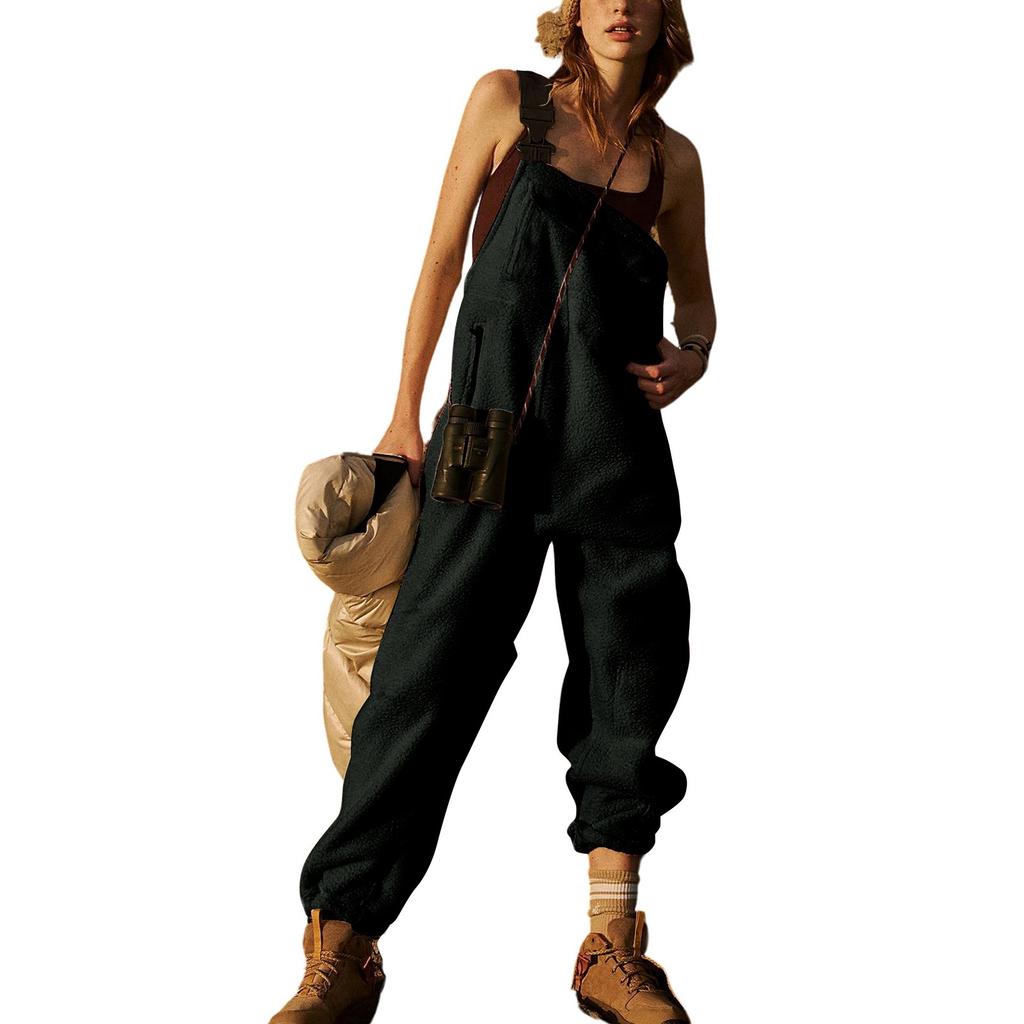 Dame fleece overalls i ett stykke Jumpsuits Justerbare selestropper Varm vinter Fuzzy skibukser