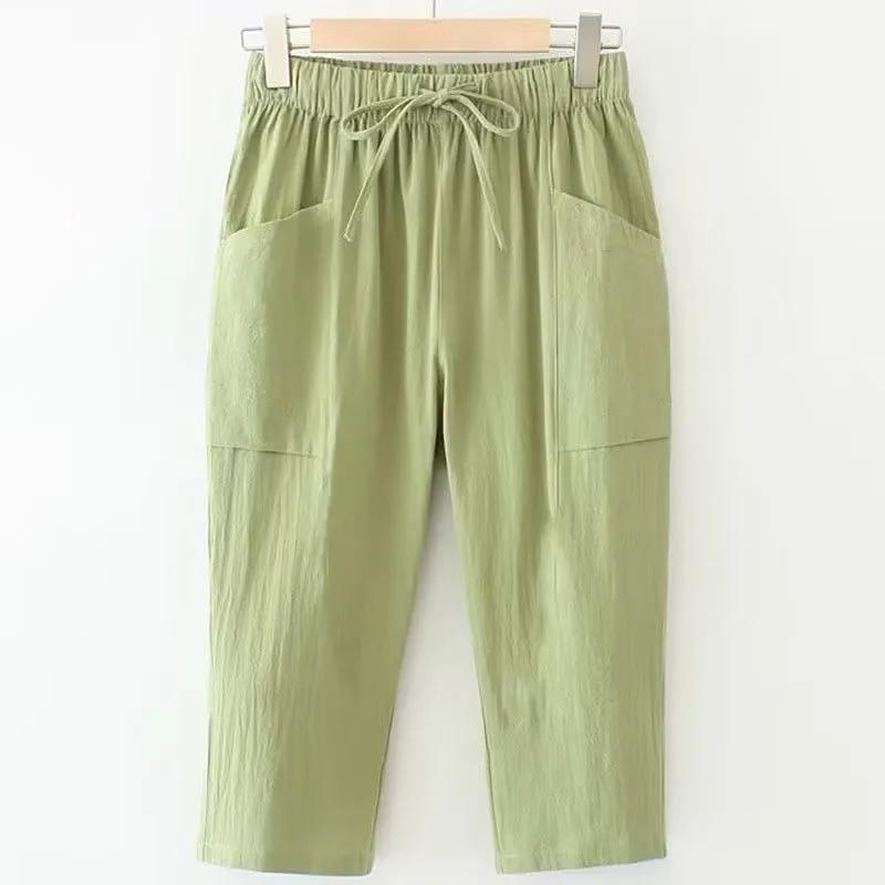 Plus Size Loose Plus Size Women's Casual Cotton Elastic Waist Straight Leg Seven-Foot Pants New Plus Size Clothing