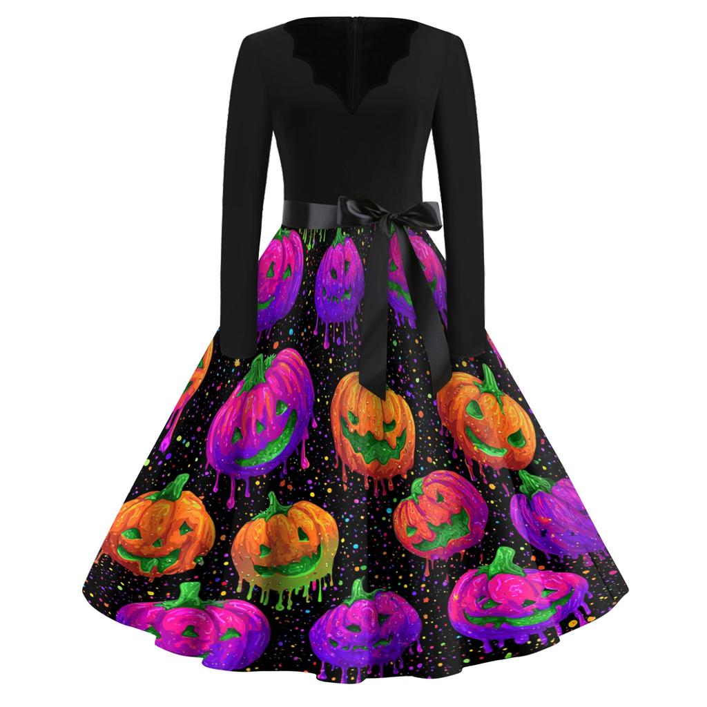 Women's Vintage V Neck Dress Long Sleeve Casual Halloween Print Retro Style Fit and Flare Midi Dress with Waist Tie and Floral Skeleton Cat Pattern