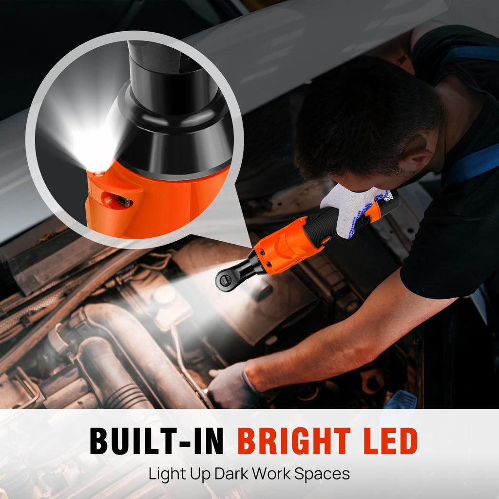 EMDTOOL Electric Cordless Right Ratchet 3/8'' 90° Angle Wrench 200N.m Torque with LED Work Light +7pcs Sockets Set,2 Batteries