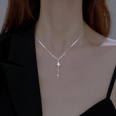 Diamond Starburst Cross Choker Necklace – Christmas Versatile Tassel Star Design